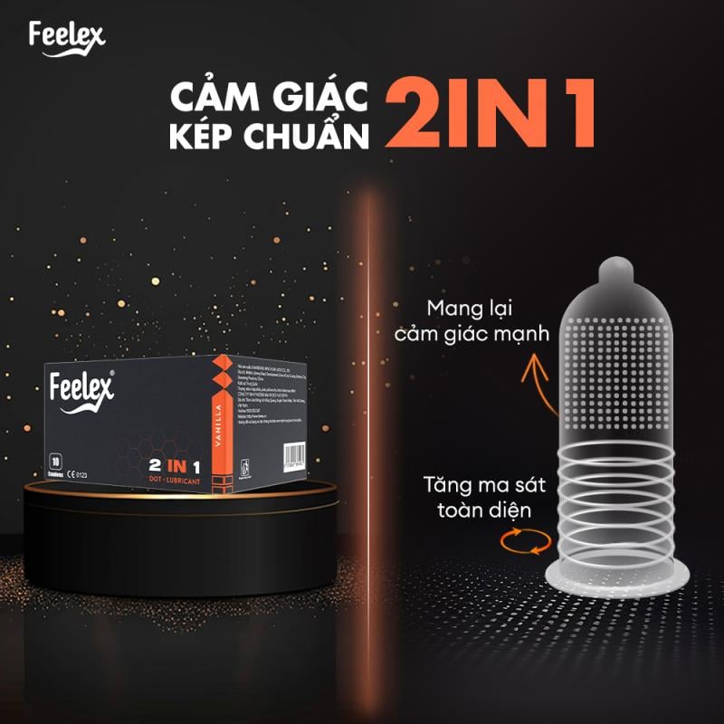 Bao cao su gân gai Feelex 2in1 nhiều Gel – Hộp 10 cái