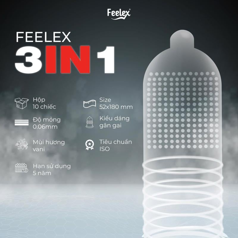 Bao cao su gân gai kéo dài thời gian Feelex 3in1 nhiều gel